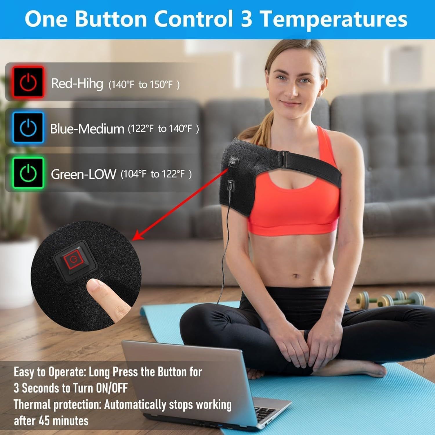 Heat or cold for sore muscles: a Treisa heated neck and shoulder wrap resting over the shoulders