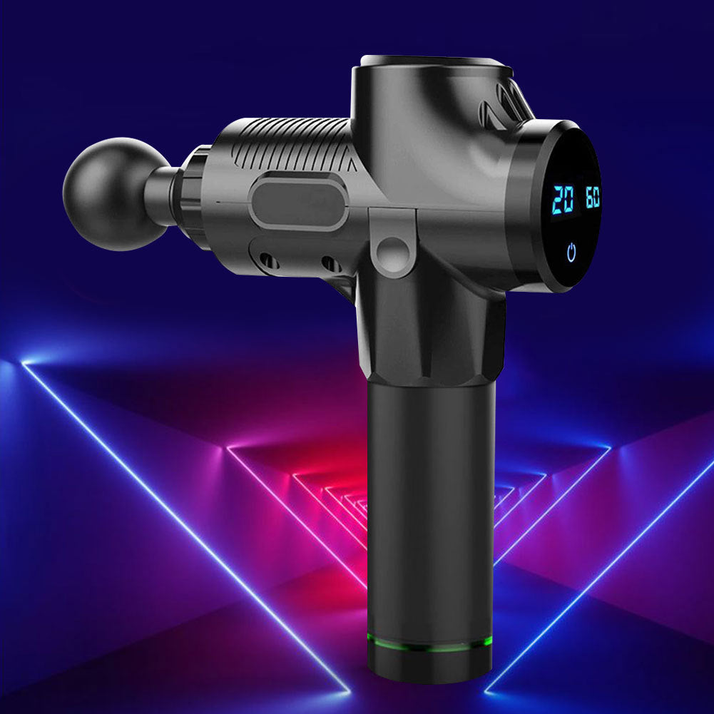 Treisa percussion massage gun shown with its swappable massage heads